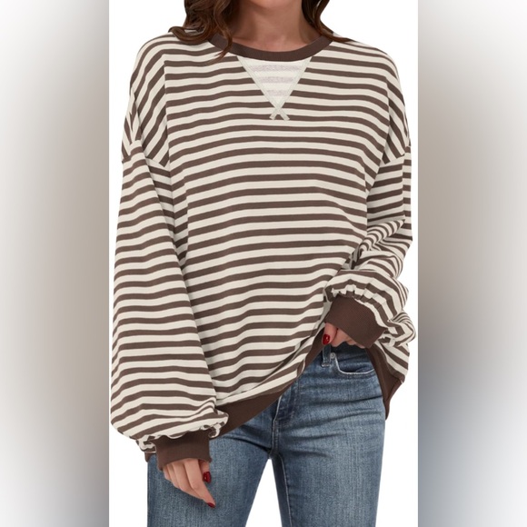 Anrabess Women Striped Oversized Sweatshirt Long Sleeve Crew Neck - Picture 2 of 3